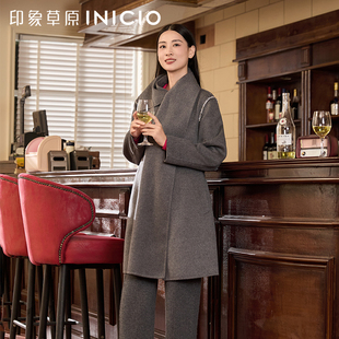 外套宽松羊毛大衣 围巾大衣女中长款 印象草原秋冬新款 脱卸式