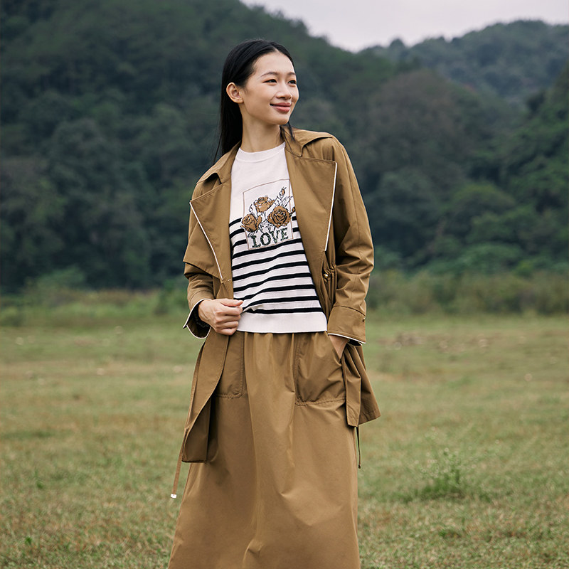 印象草原25春夏百搭中长款女外套驼色宽松显瘦风衣时尚休闲