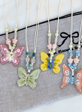 捧猫家~彩色陶瓷蝴蝶项链