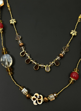 Vintage古着 Bohemian coffee rice bead double necklace项链