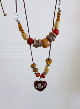 捧猫家~复古咖色木珠项链