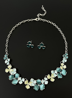 Vintage古着 Blue Flower Necklace Earring Set项链耳钉套装