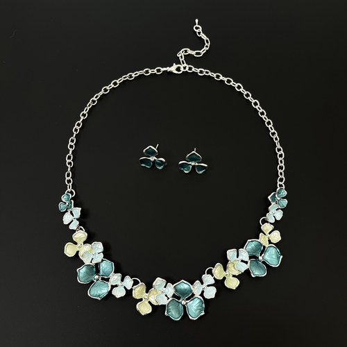 Vintage古着 Blue Flower Necklace Earring Set项链耳钉套装