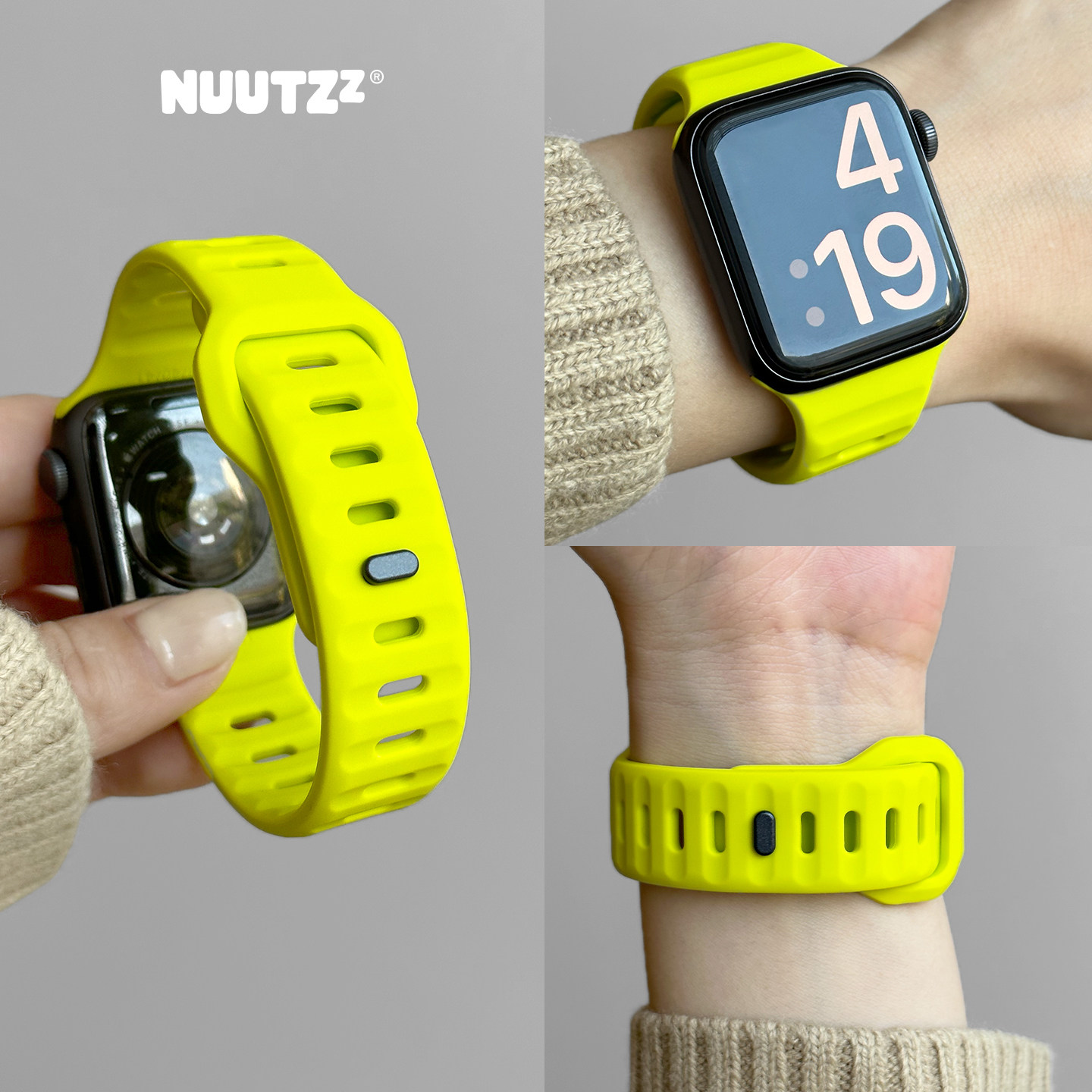 NUUTZz新款荧光绿运动硅胶iwatch表带s11s46mm适用苹果手表表带applewatch男女s10高级ultra创意49mmse透气s9