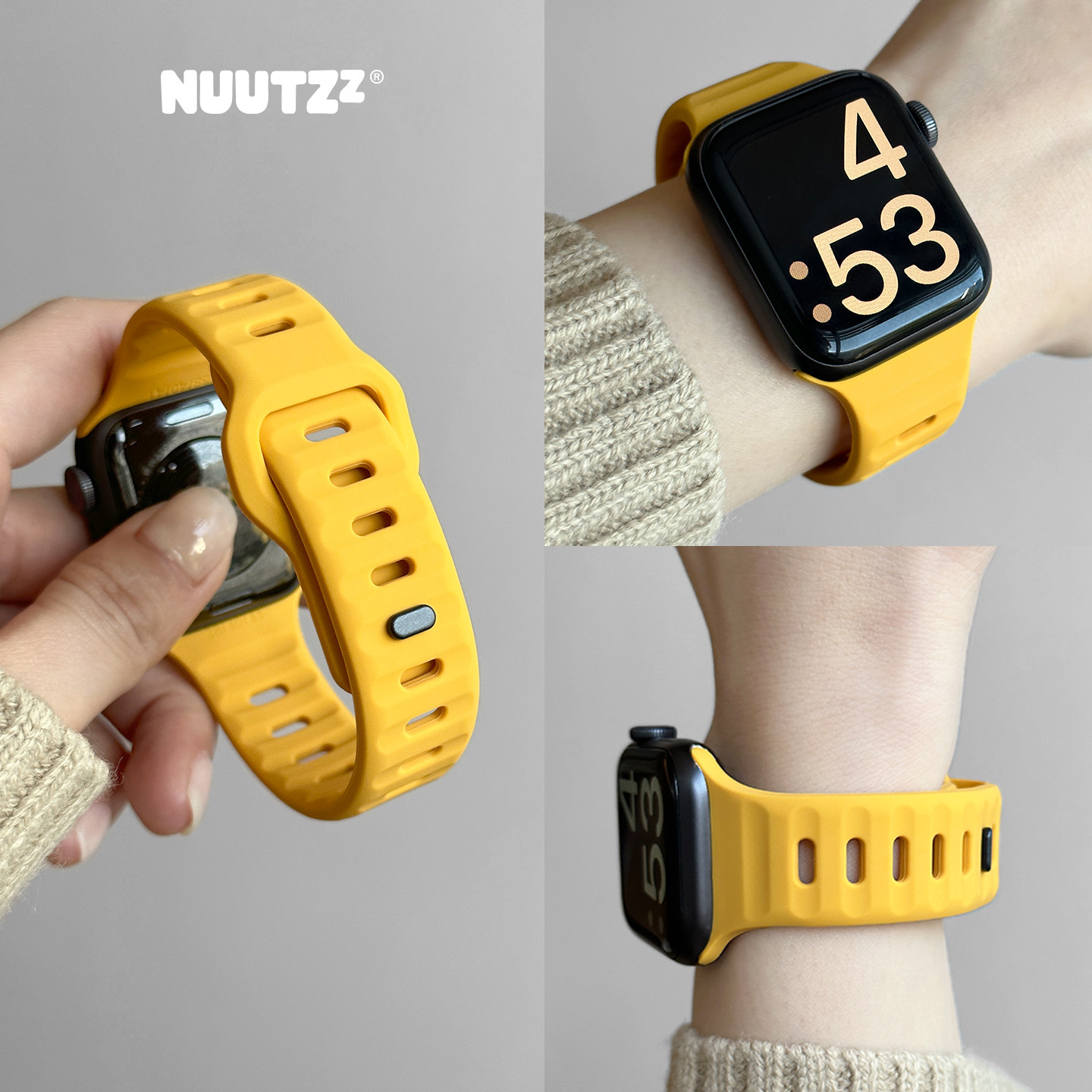 NUUTZz秋冬新款黄色运动硅胶iwatch手表带适用苹果s11手表表带applewatch男女s10高级ultra创意49mm夏se透气