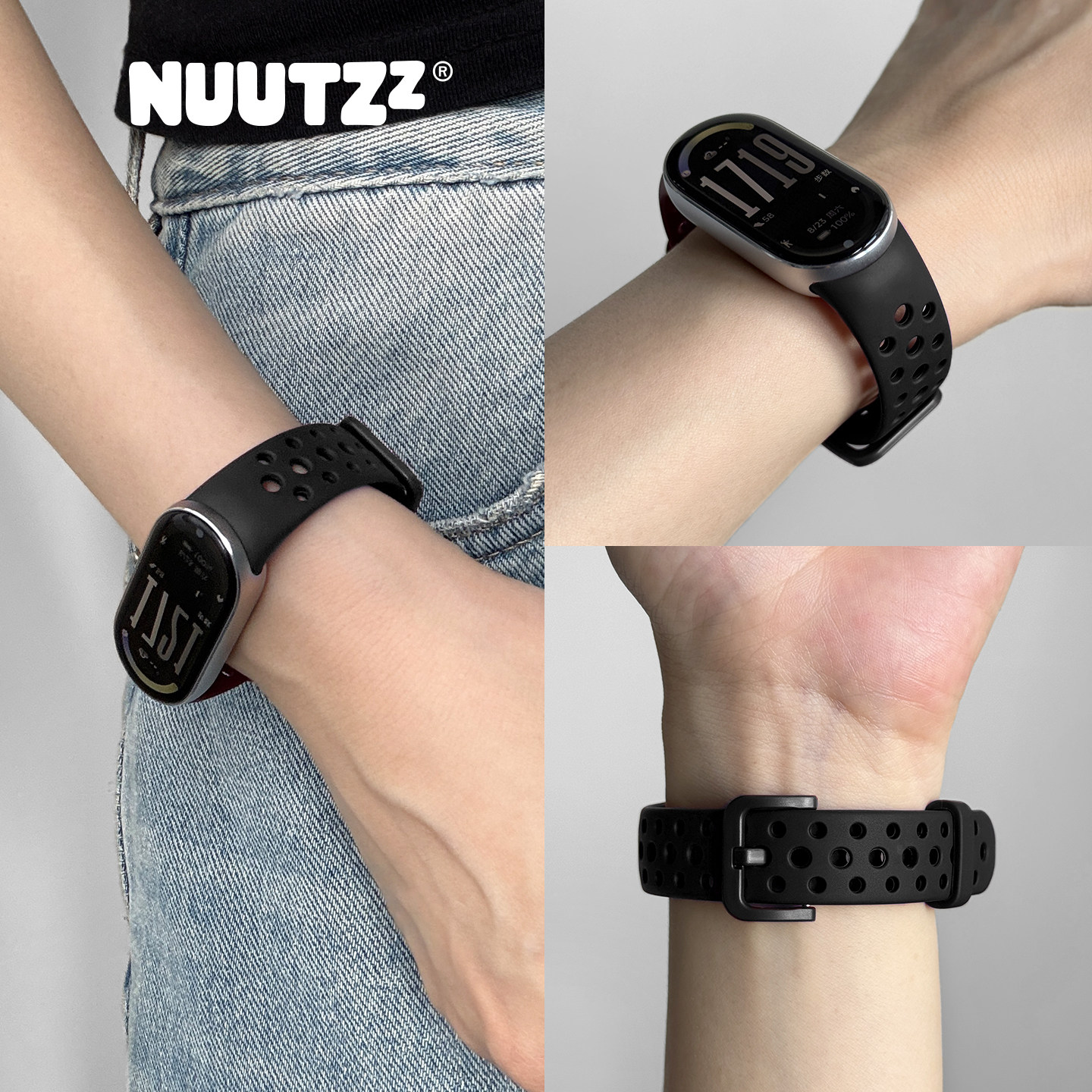 NUUTZz适用小米手环10表带新款洞洞运动硅胶9代夏天透气8男nfc黑色手环表带透气孔替换腕带女款轻巧镂空设计