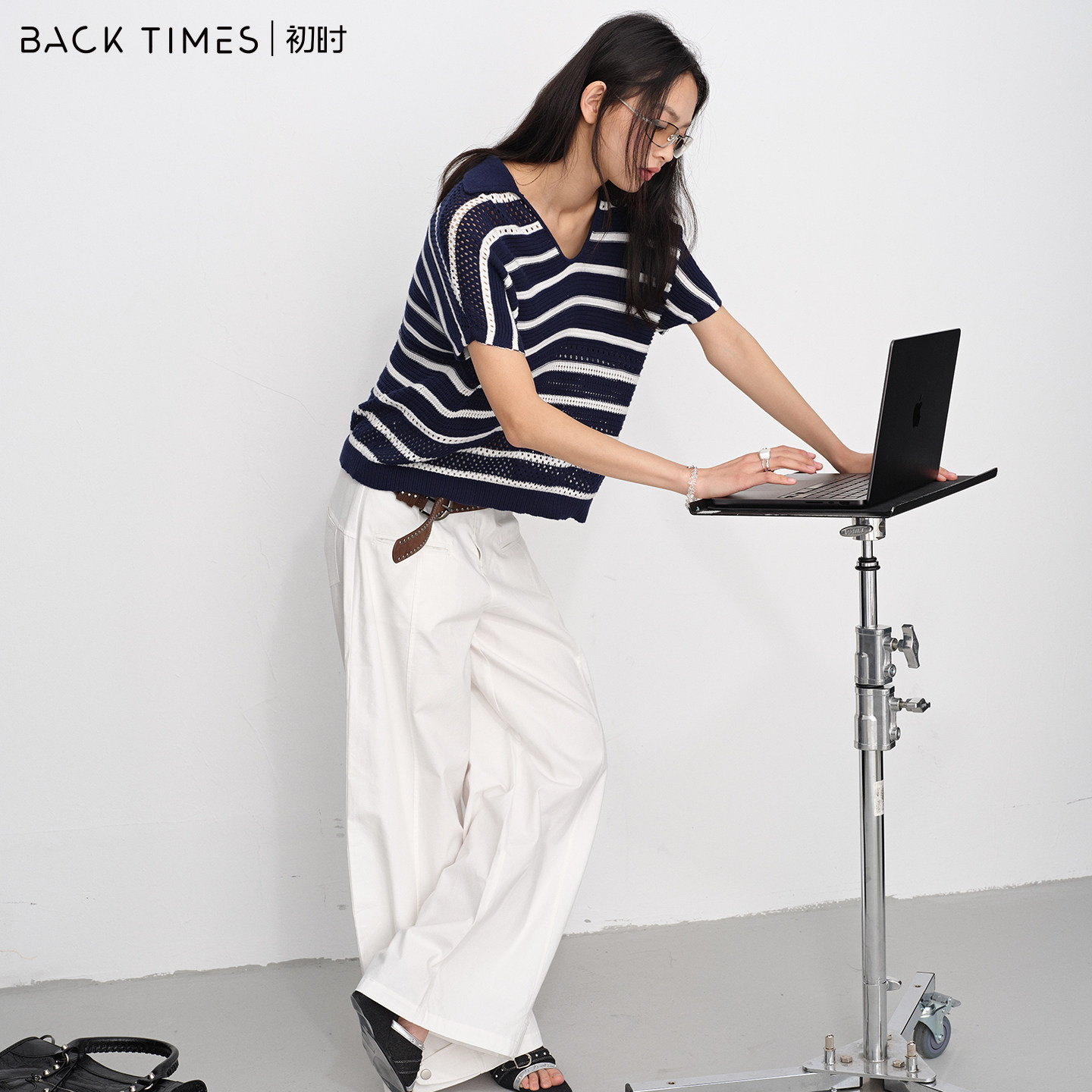 初时 夏季新品100%棉套头翻领海军风条纹上衣韩系外套宽松罩衫女