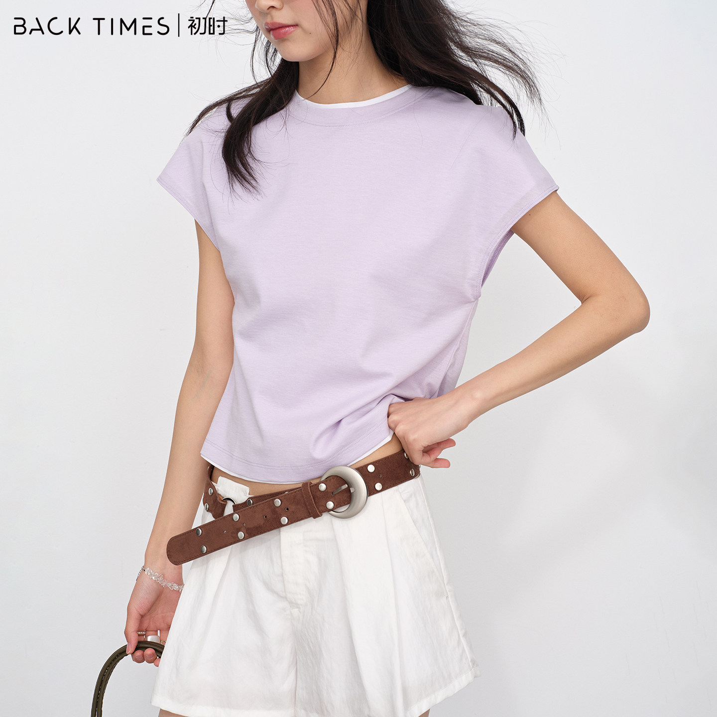 初时 BACK TIMES｜淡紫色叠穿 T 恤 撞色边圆领小飞袖显瘦上衣