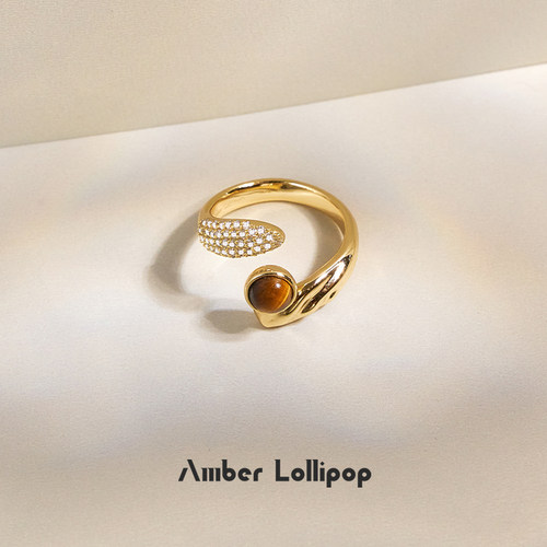 Amber Lollipop虎眼石戒指小众设计开口蛇形锆石食指戒生日礼物