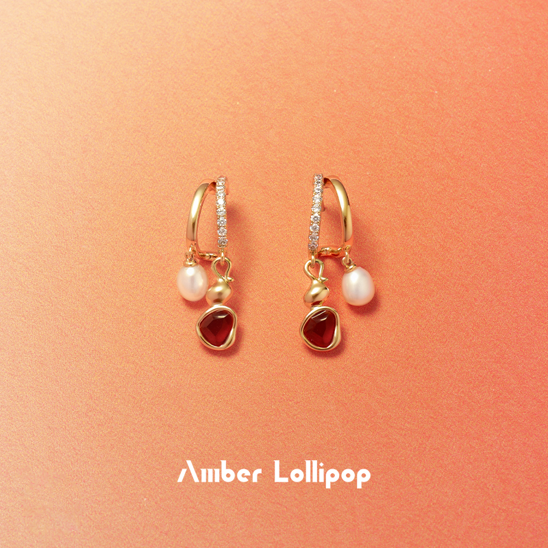 Amber Lollipop红玛瑙珍珠耳环2025新款爆款高级感耳饰女圣诞礼物
