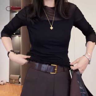 2026春秋新款圆领长袖网纱上衣女外穿复古修身显瘦内搭打底衫气质