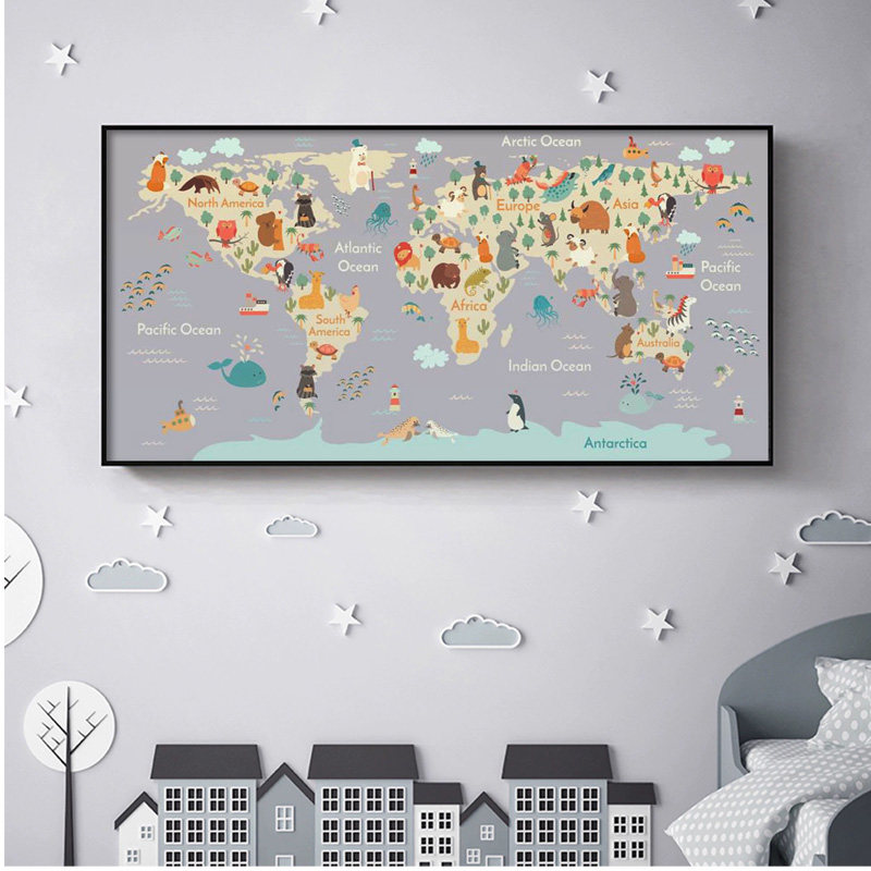 《世界动物地图》地图海报装饰画北欧风客厅卧室儿童房背景墙挂画