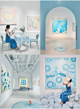 Take an Apple治愈蓝色系客厅装饰画可爱大象小众艺术高级感挂画