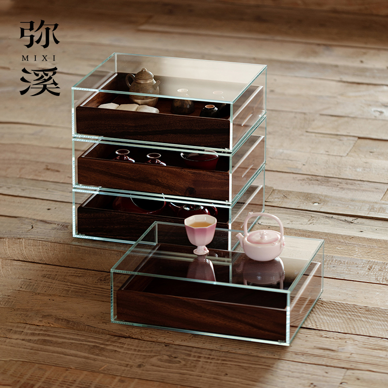 弥溪胡桃木钢化玻璃茶具收纳柜子新中式茶道周边收纳展示柜牙科柜