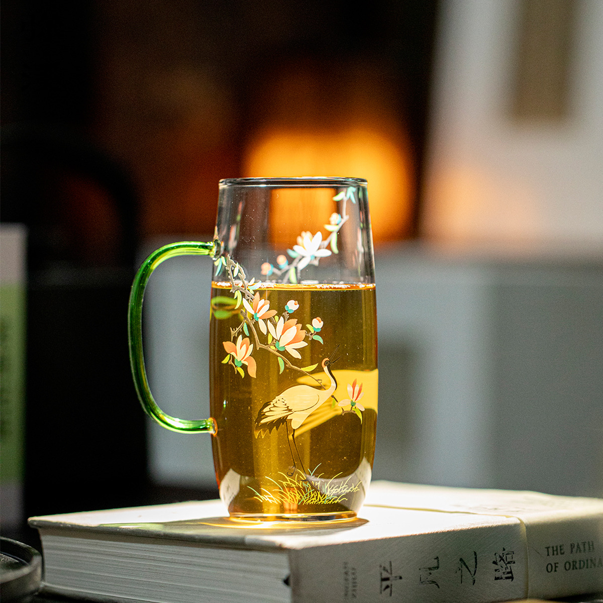 弥溪新款创意鹤栖木焰绿茶杯家用耐热玻璃杯透明喝水杯耐高温茶具