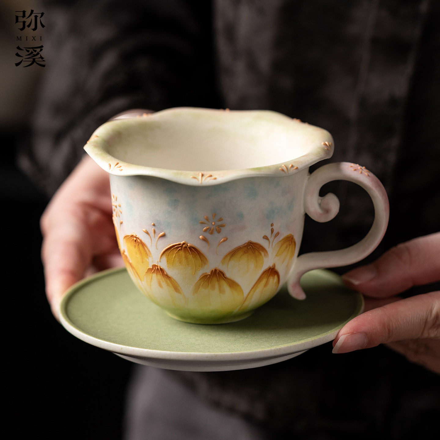 咖啡杯子客厅专用莲华春韵小清新藤蔓花口马克杯手绘精致陶瓷水杯