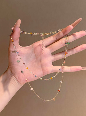 彩色多巴胺方块碎石叠戴项链小众