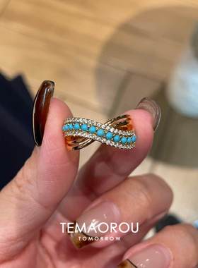 Vintage爆闪绿松石交错金色戒指