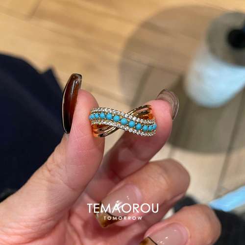 Vintage爆闪绿松石交错金色戒指