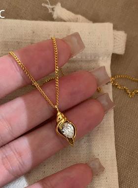 复古仿锆石金色海螺项链轻奢独特