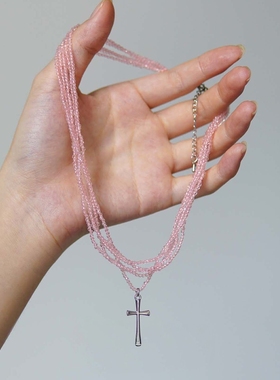 十字架粉水晶多层叠戴串珠项链
