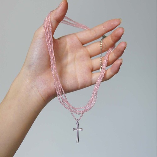 十字架粉水晶多层叠戴串珠项链