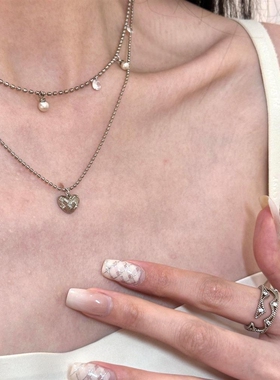 法式复古咖金色爱心吊坠叠戴项链