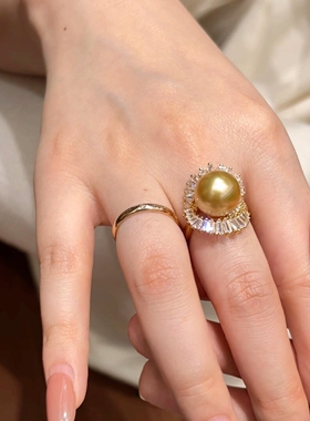 金色太阳花仿闪钻珍珠戒指高级感