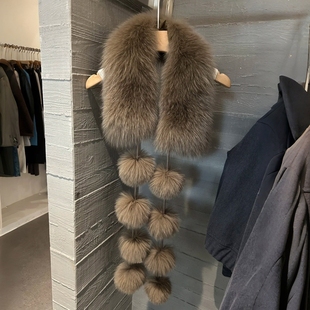 复古围脖 时尚 韩系老钱风 拿铁色狐狸毛围巾悬浮毛球毛绒貂毛冬季