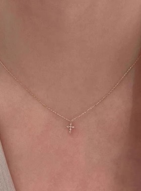 金色极细款闪钻mini十字架项链女