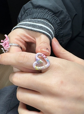 手工款珐琅滴釉镂空爱心花朵戒指