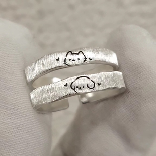 手工拉丝银色线条小猫小狗情侣对戒可爱趣味小动物开口戒指食指戒