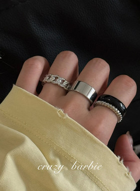 几何冷淡风黑仿水晶戒指百搭指环