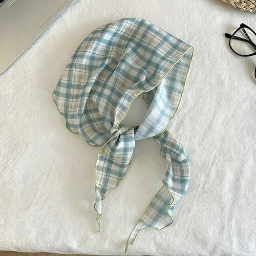 复古蓝绿格子丝巾护颈三角巾夏季