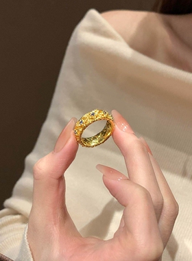 重工金色仿蓝钻戒指小众轻奢精致