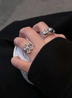 韩系银色珠子花朵戒指女精致个性