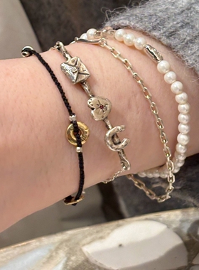 中古Vintage仿珍珠爱心叠戴手链