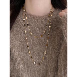 秋冬复古美拉德虎眼石仿珍珠叠戴项链轻奢老钱风高级感长款 毛衣链