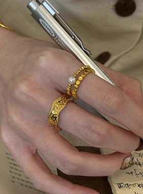 中古宽边金色戒指女珍珠轻奢气质
