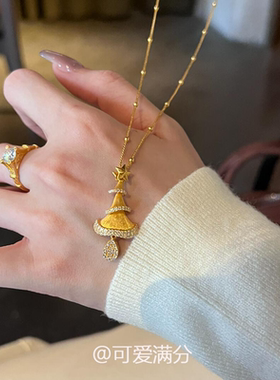 爆闪金色拉丝圣诞树星星项链轻奢