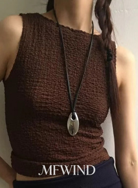 个性银色镂空椭圆形吊坠长款项链