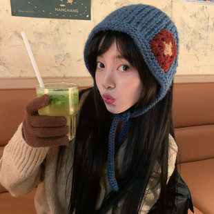 ins风复古蓝色三角头巾针织毛线发带包头巾秋冬季 氛围感发饰头饰