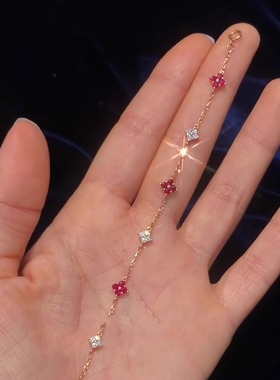 四叶草红仿宝石闪钻手链小众复古