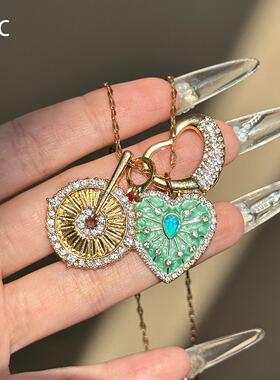 中着vintager绿色爱心罗盘项链女