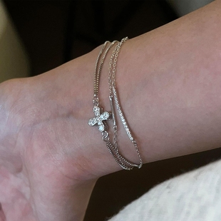 中古vintage十字架微镶仿锆石叠戴手链个性 手饰 百搭y2k高级感时尚