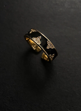 黑金色四叶花戒指复古小众高级感