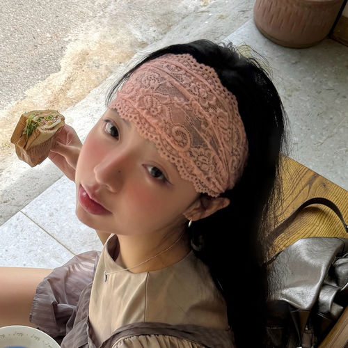 韩系爆款！森系裸粉色蕾丝发带女