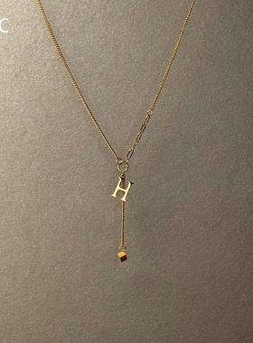 中古金色H字母方块流苏项链百搭