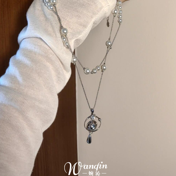 法式复古双层仿珍珠星球项链个性