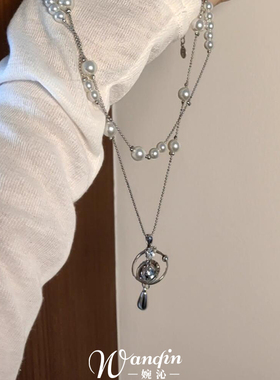 法式复古双层仿珍珠星球项链个性